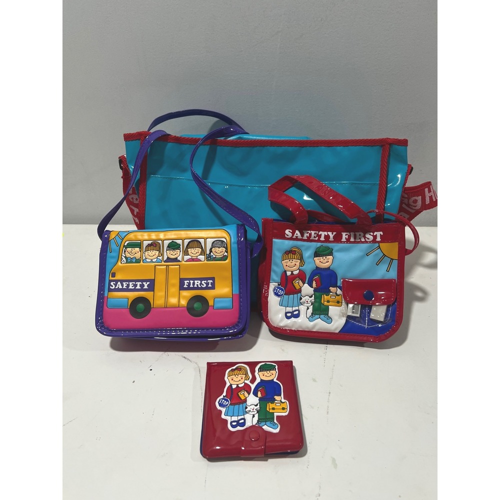 Vintage Safety First School Bus Bag Set Messenger Crossbody Tote Wallet 4pc Blue